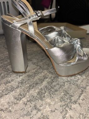 Michael Kors Silver Josie Knot-Front Platform Heels(Jimmy Choo dupe)